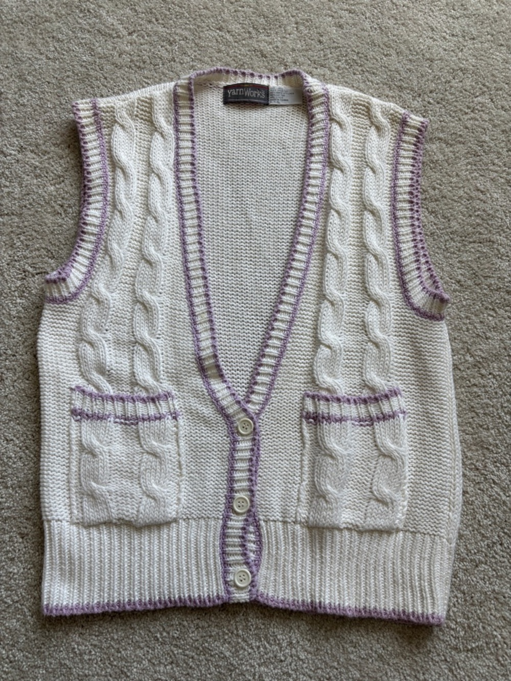 YarnWorks Vintage Cream Cable-Knit Sweater Vest with Lavender Trim